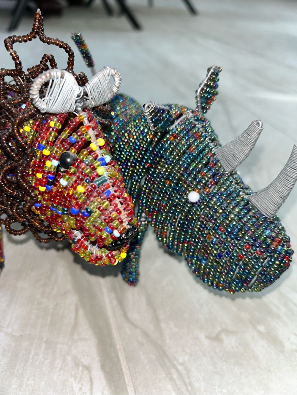 Vintage African Handcrafted Beaded Rhino and Lion Figurines - Multicolor